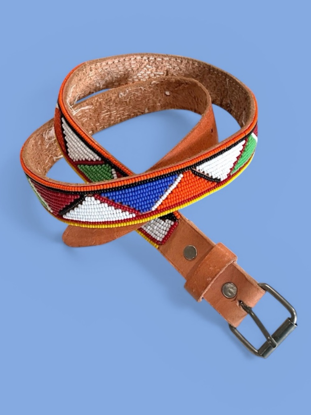 Handcrafted Ethnic Tribal African Beaded Leather Belt Silver Tone Buckle